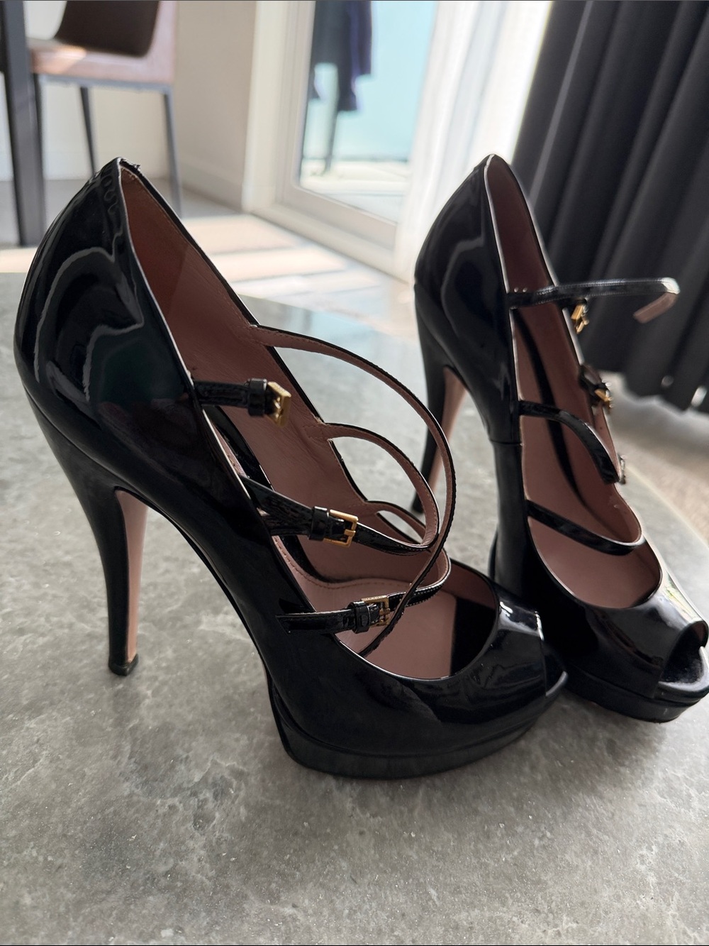 Gucci Black Patent Leather Triple-Strap Platform Stilettos